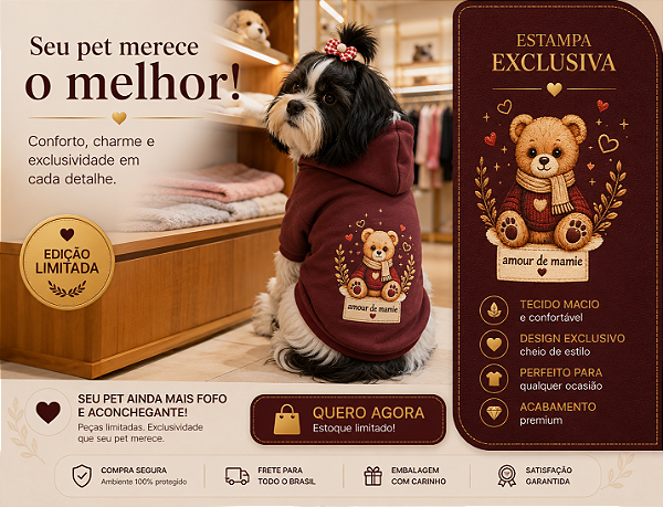 Blusa de Frio para Cachorro Moletom Ursinho Bordo Edição Limitada