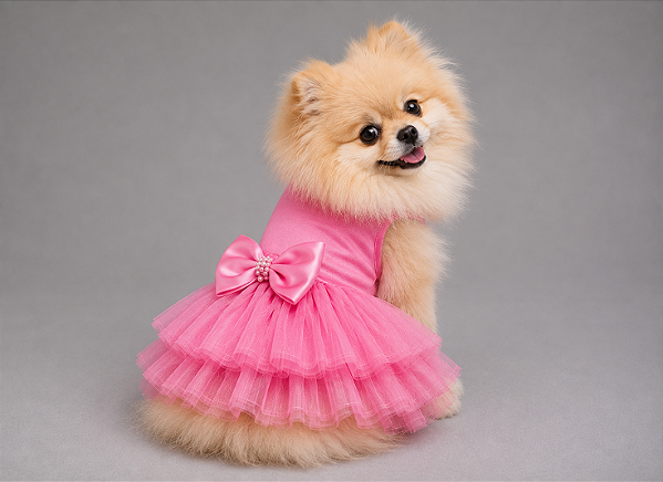 Vestido de Festa para Cachorro Rosa com Saia de Tule – Vestido Pet para Raças Pequenas e Grandes + Guia e Laço Penteado