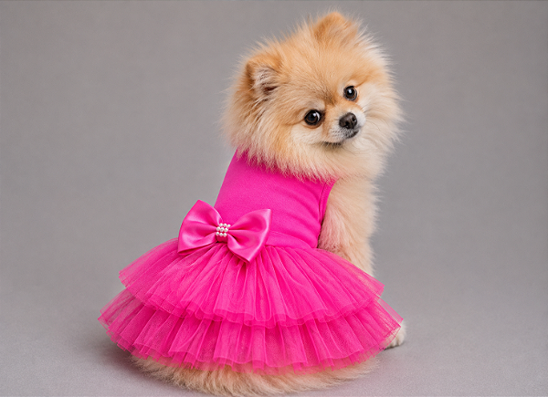 Vestido de Festa para Cachorro Rosa Pink com Saia de Tule – Vestido Pet para Raças Pequenas e Grandes + Guia e Laço Penteado