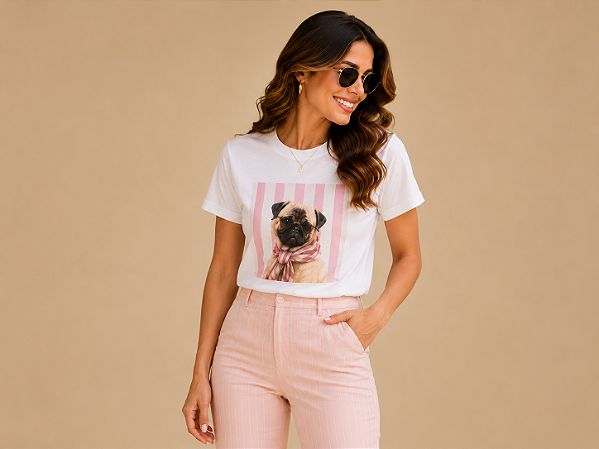 Camiseta Feminina Tal Mãe Tal Pet em Algodão – Estampa de Raça de Cachorro Pug