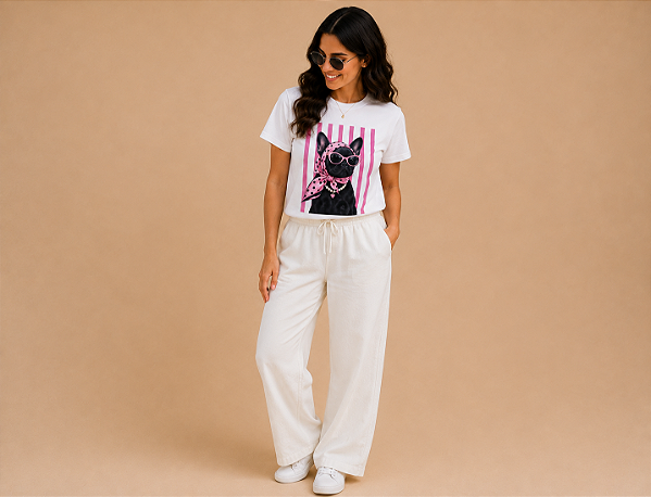 Camiseta Feminina Tal Mãe Tal Pet em Algodão – Estampa de Raça de Cachorro Bulldogue Listra Rosa