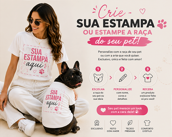 Camisetas T-Shirt para Pets em Algodão – Personalizadas com Estampas de Raças Crie sua Camiseta