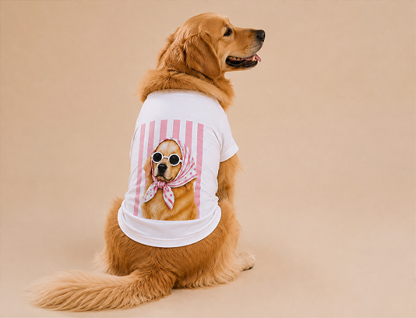 Camisetas T-Shirt para Pets em Algodão – Personalizadas com Estampas de Raças Golden Retrivier Listra Rosa