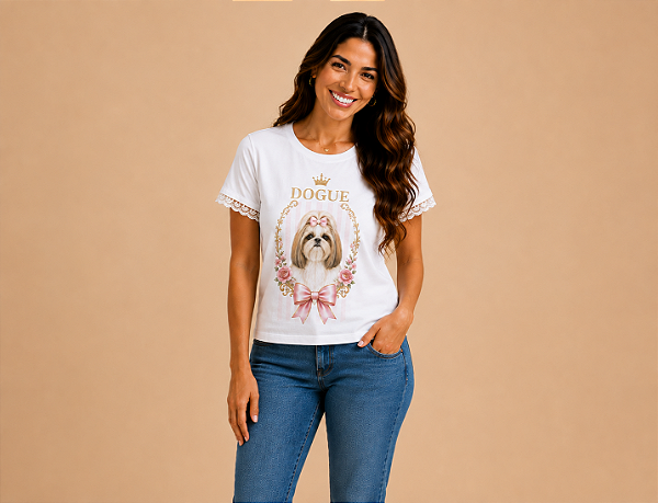 Camiseta Feminina Renda Tal Mãe Tal Pet em Algodão – Estampa de Raça de Cachorro Shihtzu