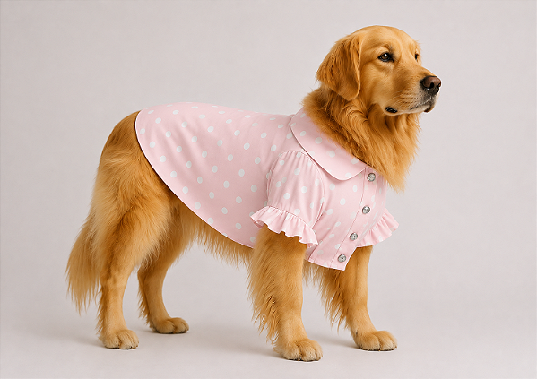 Camisa de Alfaiataria Pet Poa Rosa Premium em Ticoline 100% Algodão para Cães de Porte Grande e Gigante Golden Retrivier