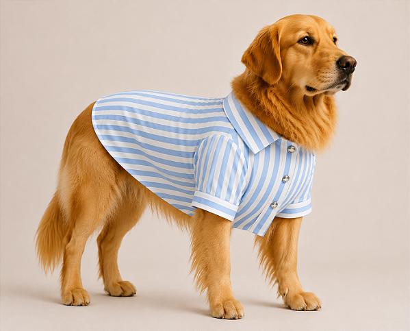 Camisa de Alfaiataria Pet Listra Azul Premium em Ticoline 100% Algodão para Cães de Porte Grande e Gigante Golden Retrivier