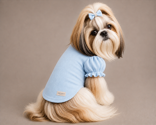 Roupa para Cachorro Porte Pequeno Feminina Azul Bebê – Blusa 100% Algodão Canelada com Babado