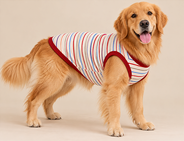 Regata Pet Listrada Vermelha Verão 50% Algodão – Roupa Fresquinha para Cachorro Porte Grande Gaby Moda Pet Golden Retrivier