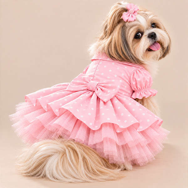 Vestido Pet Princess Premium 100% Algodão Poa Rosa com Tule e Laço Porte Pequeno – Sob Encomenda