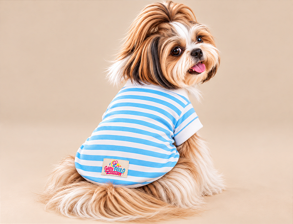 Camiseta Pet Petit Listrada Azul e Branca 50% Algodão – Gaby Feulo Moda Pet Porte Pequeno