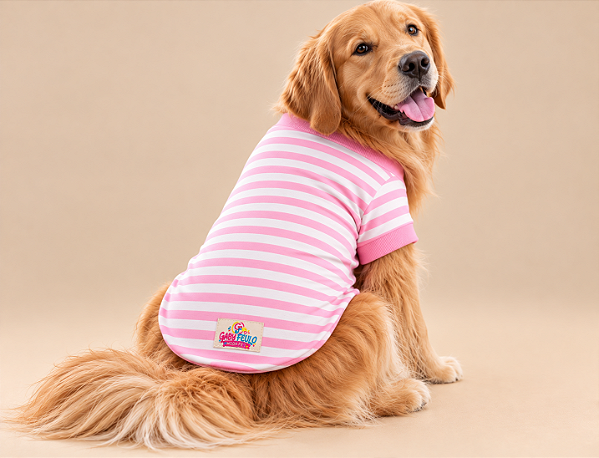 Camiseta Pet Petit Listrada Rosa e Branca 50% Algodão – Gaby Feulo Moda Pet Porte Grande