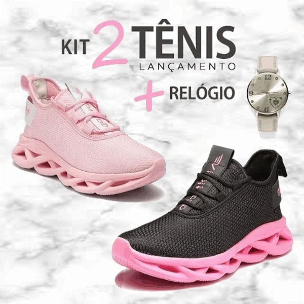 Kit com 2 Pares de Tênis Femininos Limited  + 2 Relógios -  Caminhada/Corrida - 3 Cores - Tam: 34 a 39