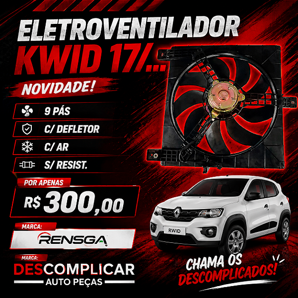ELETROVENTILADOR KWID 17/... (9 PAS) (C/DEFLETOR / C/AR / S/RESIST.)