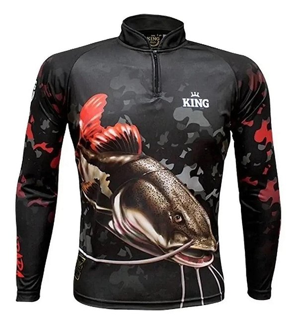 Camiseta de Pesca King - Preta e Vermelha