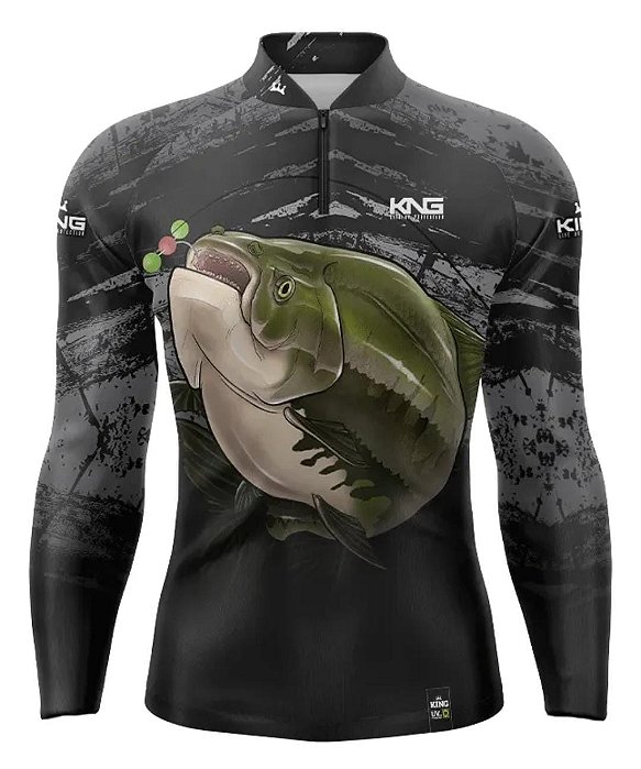 Camiseta de Pesca King - Preta e Cinza com Peixe Verde