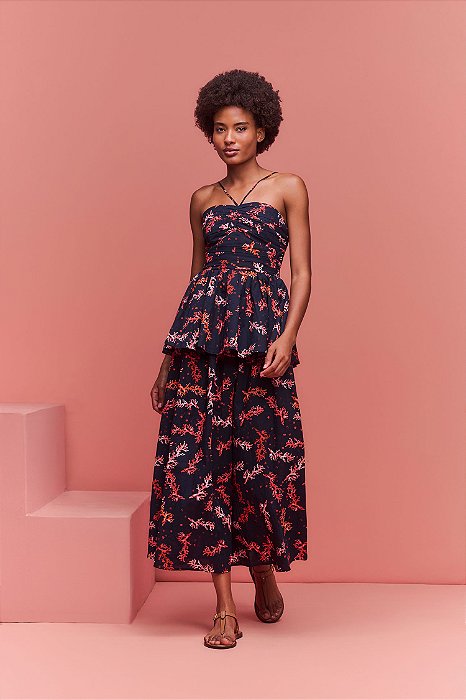 Vestido Midi c/ basque Coral vermelho