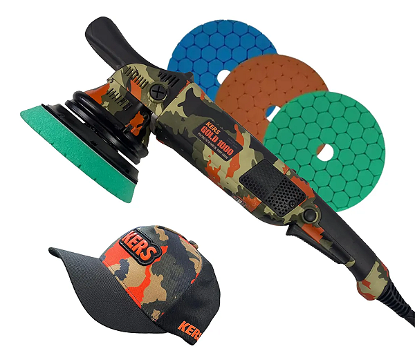 Politriz Roto Orbital Camuflada 5pol 15mm 220v Gold 1000 Kers + Kit 3 Boinas e Boné de Brinde