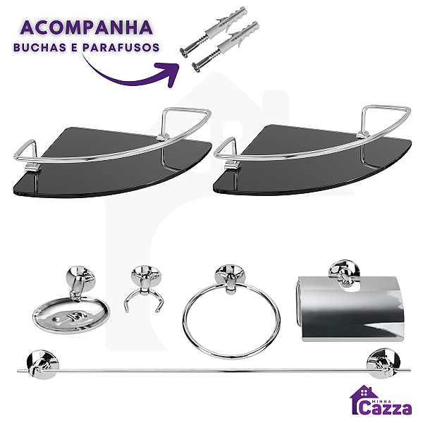 Kit Acessórios Banheiro inox 5 peças + 2 Porta Shampoo Canto Vidro Fumê