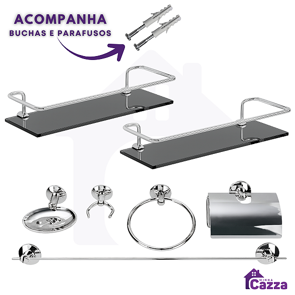 Kit Acessórios Banheiro inox 5 peças + 2 Porta Shampoo Reto Vidro Fumê