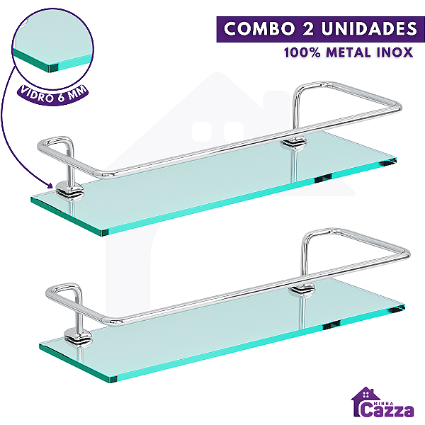 Kit 2 Porta Shampoo Reto Alumínio Com Base De Vidro