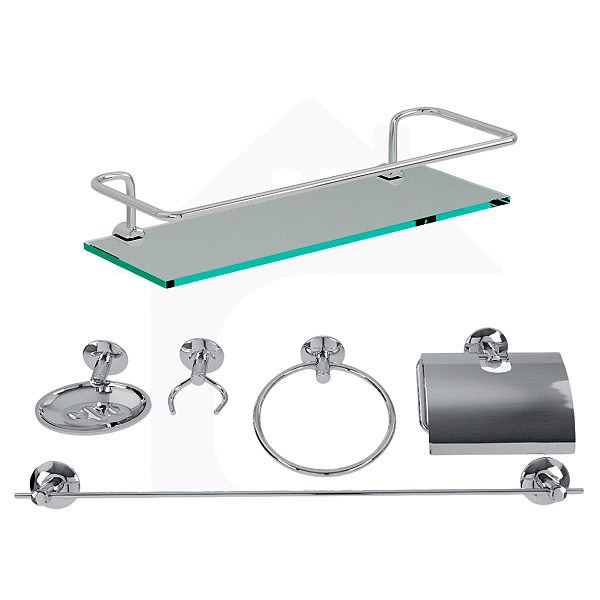 Kit Acessórios Para Banheiro Aço Inox 6 Peças Com Porta Shampoo Reto