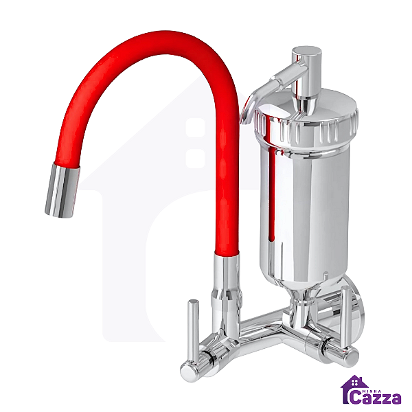 Torneira De Cozinha Com Filtro Parede Slim Flexível Vermelha 1/4 De Volta