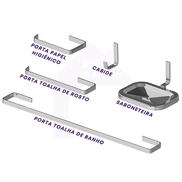 Kit Acessórios para banheiro 5 peças Quadrado Inox e alumínio cod 03