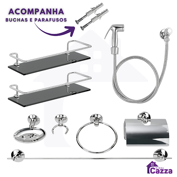 Kit Acessórios Banheiro inox 5 peças + 2 Porta Shampoo Reto Vidro Fumê + 1 Ducha Higiênica cod330