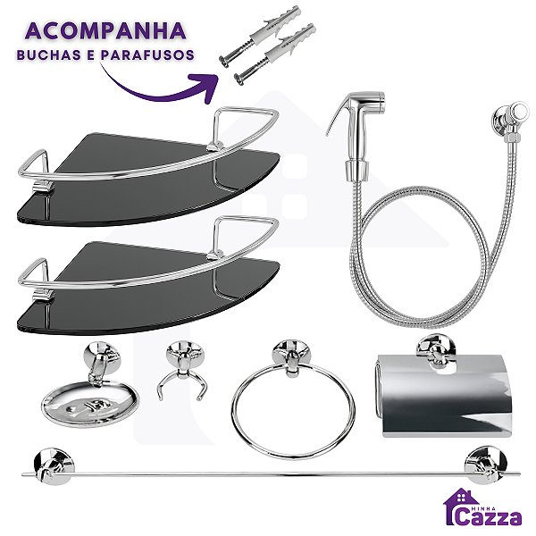 Kit Acessórios Banheiro inox 5 peças + 2 Porta Shampoo Canto Vidro Fumê + 1 Ducha Higiênica cod 315
