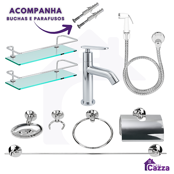 Combo Acessórios - 1 Torneira + 2 Porta Shampoo Reto + 1 Kit+ 1 Ducha Higiênica