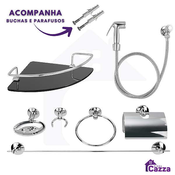 Kit Acessórios Banheiro inox 5 peças + 1 Porta Shampoo Canto Vidro Fumê + 1 Ducha Higiênica cod564