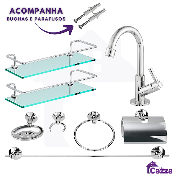 Combo Acessórios - 1 Torneira + 2 Porta Shampoo Reto + 1 Kit Acessórios