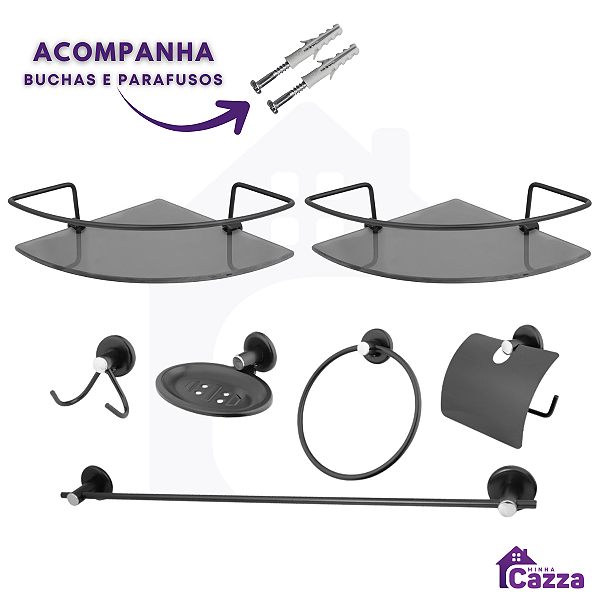 Kit Acessórios para Banheiro inox 5 peças + 2 Porta Shampoo Canto PRETO FOSCO