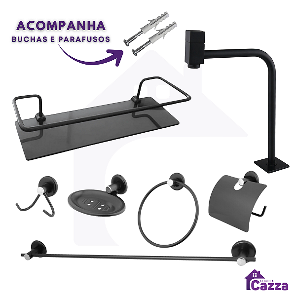 Kit Completo Banheiro - 1 torneira Preta + 1 porta shampoo reto Preto + 1 Kit Banheiro Preto