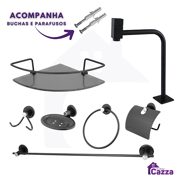 Kit Banheiro Completo - 1 Torneira Black + 1 Porta Shampoo Canto Preto + 1 Kit Banheiro Preto