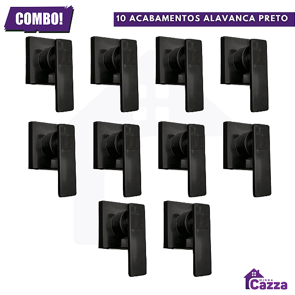 Kit 10 Acabamentos Registro Alavanca Quadrada Banheiro Chuveiro PRETO