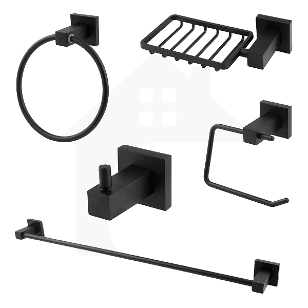 KIT ACESSÓRIOS PARA BANHEIRO LUXO QUADRADO PRETO