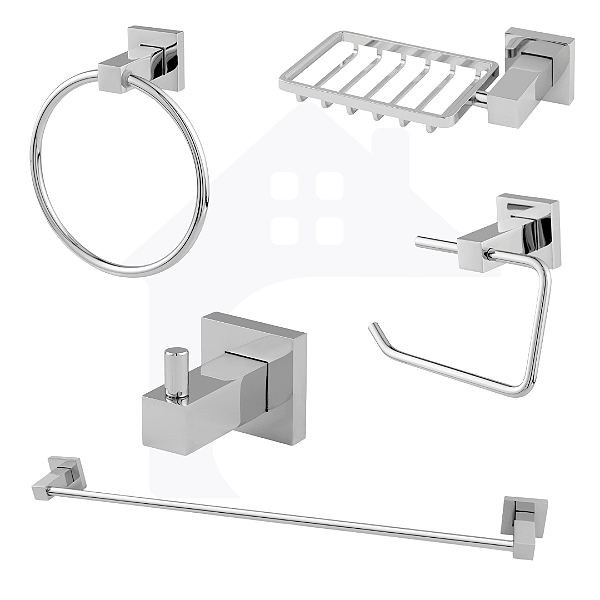 KIT ACESSÓRIOS PARA BANHEIRO LUXO QUADRADO CROMADO