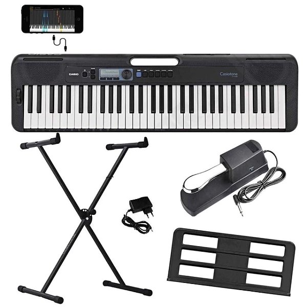 Teclado Casio CT-S300 Preto APP Chordana Play + Kit Suporte em X - Pedal Sustain