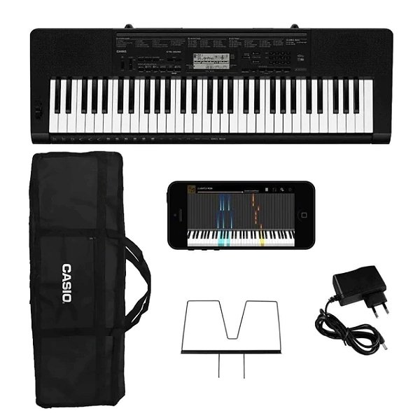 Kit Teclado Musical CASIO CTK3500 USB/MIDI Aplicativo Chordana + Capa + Fonte + Suporte Partitura
