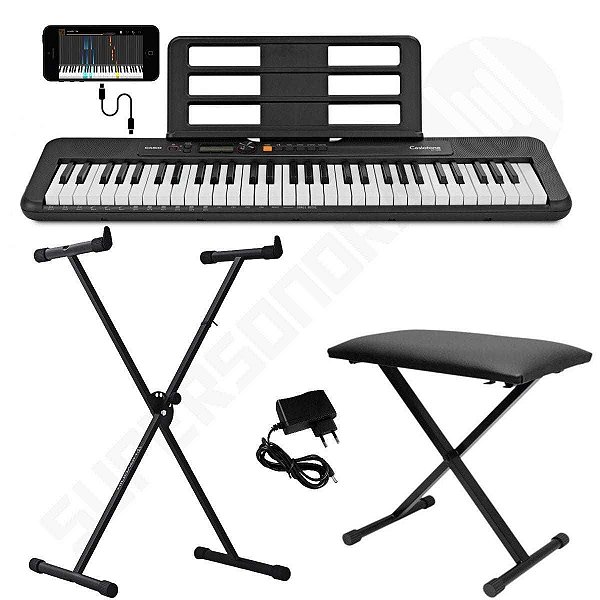 Kit Teclado Musical CASIOTONE CT-S200 CASIO Preto Aplicativo Chordana Play + Suporte X + Banqueta X