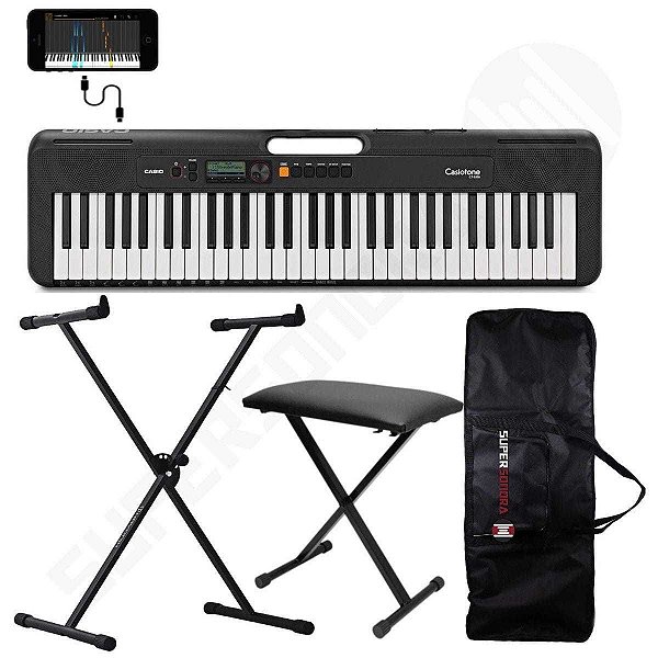 Kit Teclado Musical CASIOTONE CT-S200 CASIO Preto Aplicativo Chordana Play + Capa + Suporte X + Banqueta X