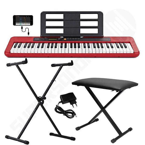 Kit Teclado Musical CASIOTONE CT-S200 CASIO Vermelho APP Chordana Play + Suporte X + Banqueta X