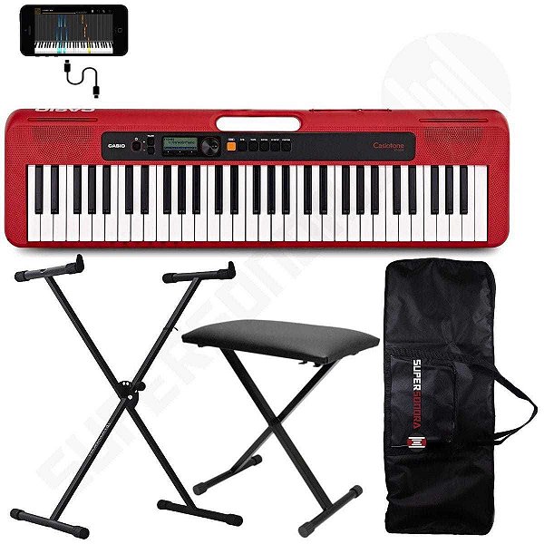 Kit Teclado Musical CASIOTONE CT-S200 CASIO Vermelho Aplicativo Chordana Play + Capa + Suporte X + Banqueta X