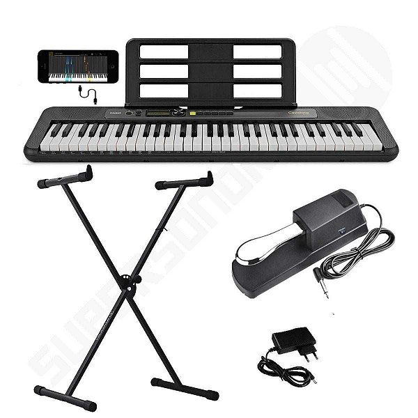 Kit Teclado Musical CASIOTONE LK-S250 CASIO Preto Teclas Iluminadas APP Chordana Play + Suporte + Pedal