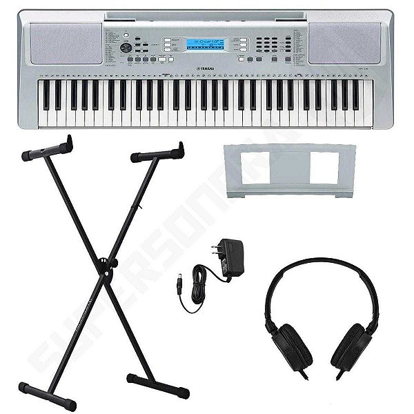 Kit Teclado Musical Arranjador YPT 370 Yamaha Prata 61 Teclas + Suporte X + Fone de Ouvido