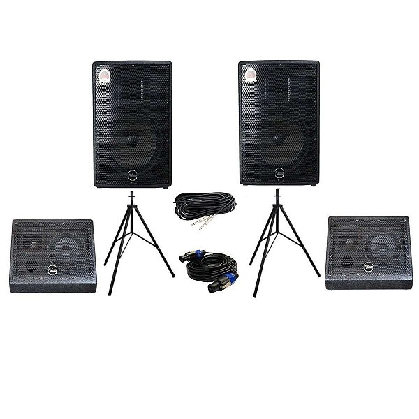 Kit Caixa de Som Leacs Brava 1500 Ativa + Passiva + Retorno Ativo + Passivo + Cabos + Tripés