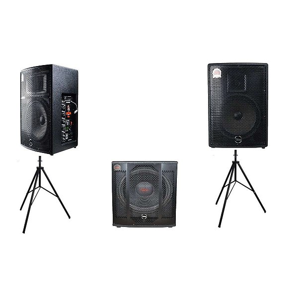 Kit Caixa de Som Leacs Brava 1200 Ativa + Passiva + Subwoofer + Cabos + Tripés