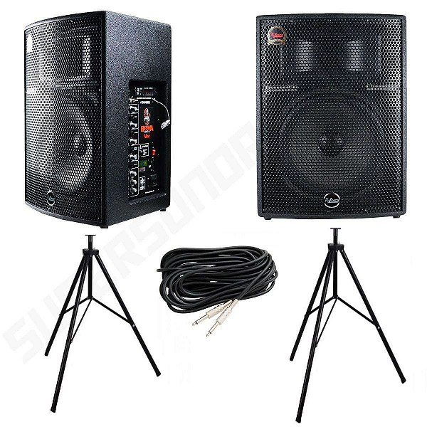 Kit Caixa de Som Leacs Ativa + Passiva Brava 1200 250W RMS + Cabo P10 + Tripés