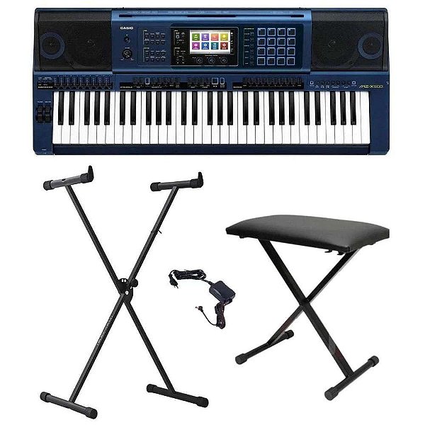 Kit Teclado Musical Arranjador Casio Mz X500 Azul - Midi/usb - Tela Touch + Suporte X + Banqueta X